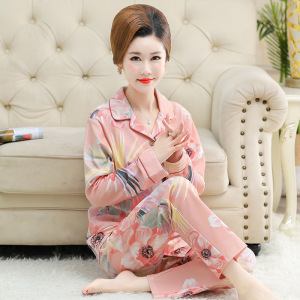 秋冬季开衫棉质睡衣女中老年妈妈翻领长袖大码高贵家居服套装