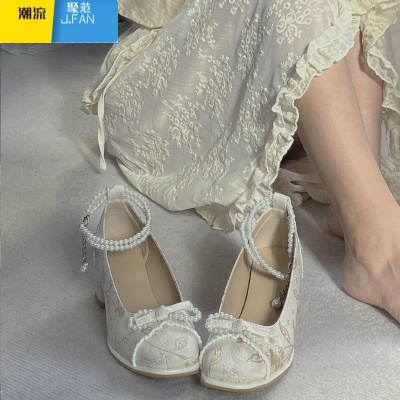 聚范法式玛丽珍鞋女2024新款新中式蝴蝶结高跟鞋女温柔刺绣粗跟旗袍鞋