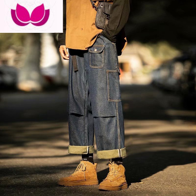 七斓ins潮牌阔腿牛仔裤男宽松大码抽绳束脚工装裤潮流休闲直筒九分裤