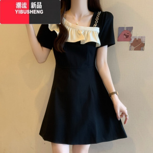 YIBUSHENG大码黑色短袖连衣裙女季收腰显瘦复古短裙微胖MM荷叶边拼接裙子