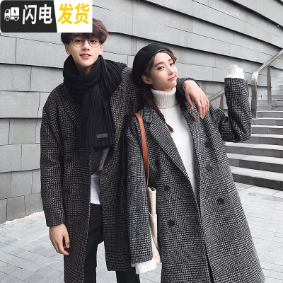 HLCOMAN秋冬季千鸟格大学生休闲大衣男女韩版中长款宽松风衣情侣装外套潮风衣