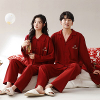 情侣睡衣春秋冬季棉质本命年喜庆结婚红色一男士一女士家居服套装_357