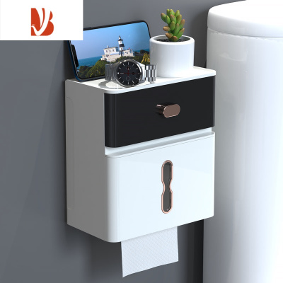 三维工匠免打孔防水卫生间厕纸盒厕所纸巾盒纸放置器洗手间置物架抽纸盒 时尚黑[双层高端镀金]加大尺寸/大容量收纳