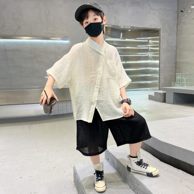 男童夏装衬衫套装2026新款中大童男孩儿童夏季短袖薄款痞帅时髦潮
