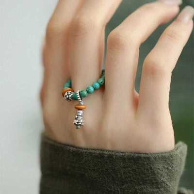 国风绿松佛像莲花弹力绳戒指女小众新中式复古百搭高级感食指戒潮送女朋友老婆情人节七夕生日礼物