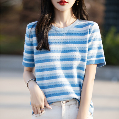 夏季新款棉短袖女薄款透气日系甜美条纹半袖百搭显瘦针织衫T恤