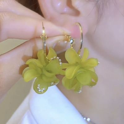 超仙显白长款绿色花朵耳环时尚个性小众设计圈圈耳钉气质轻奢耳饰送女朋友老婆情人节七夕生日礼物