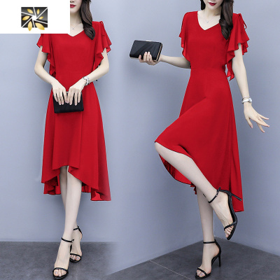 暖青汇夏季大码女装小黑裙连衣裙赫本风时尚气质不规则中长款雪纺打底裙大码女装