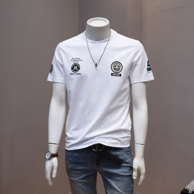 夏季男士刺绣短袖T恤衫男青年圆领休闲半袖丝光棉上衣男T恤潮