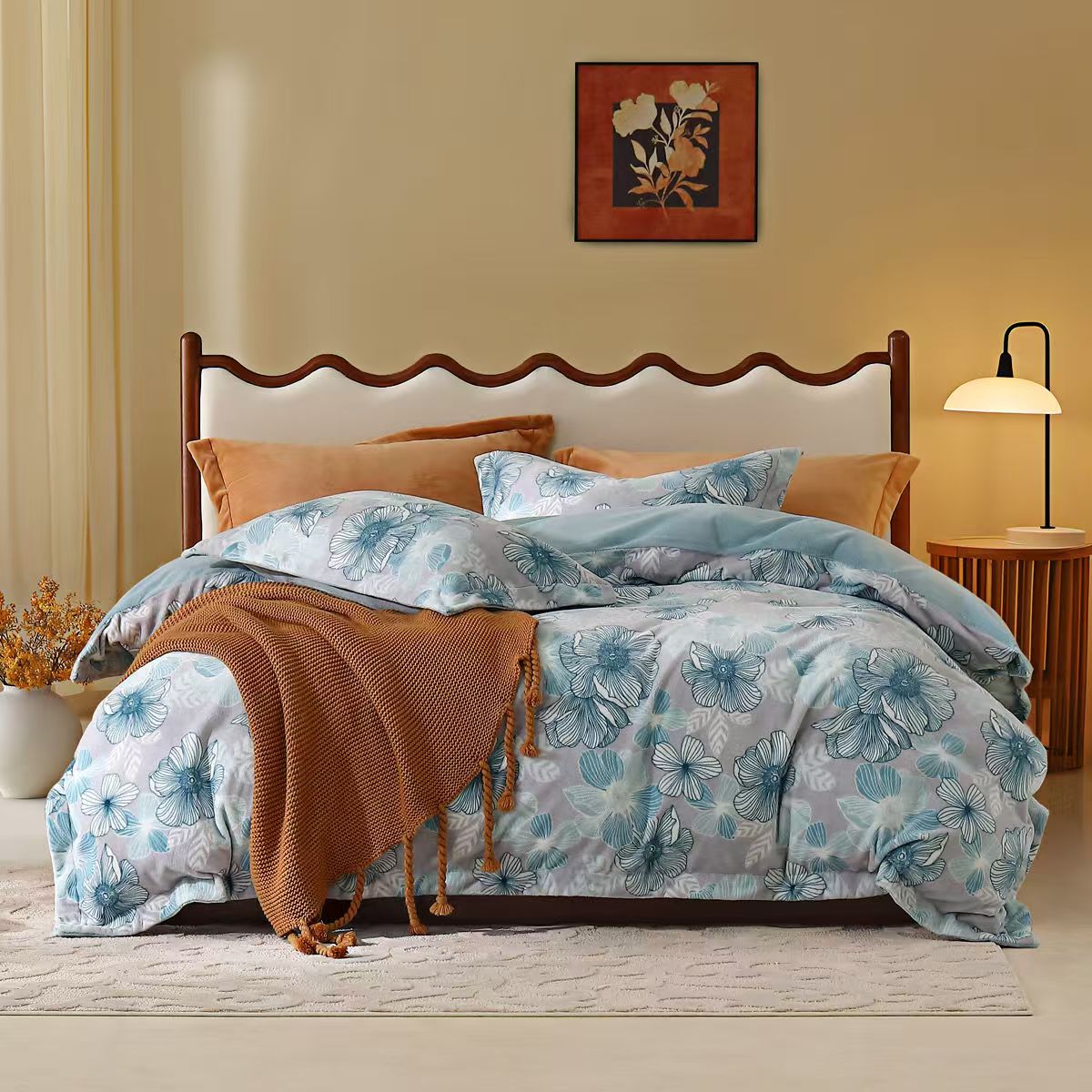 水星家纺双面暖绒四件套抗静电秋冬加厚套件 繁花 花觅棠 1.8米 220x240cm