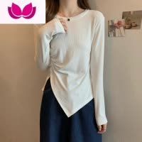 七斓大码女装遮肚子不规则开叉上衣春季胖妹妹圆领百搭长袖t恤打底衫
