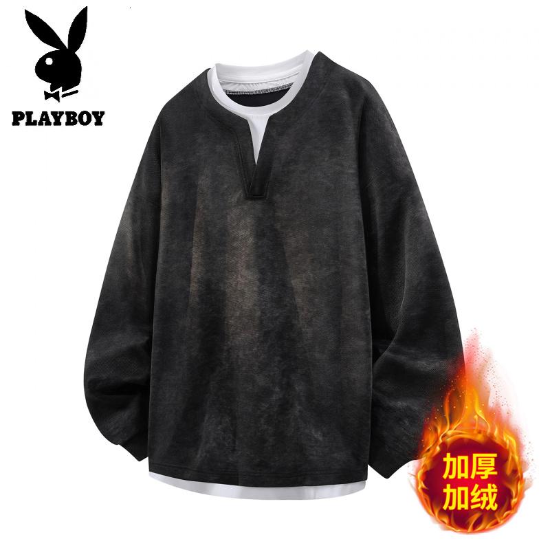 花花公子新款高品质加绒重磅圆领扎染拼接卫衣男2025秋冬新款假两件上衣