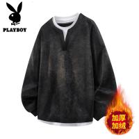 花花公子新款高品质加绒重磅圆领扎染拼接卫衣男2025秋冬新款假两件上衣