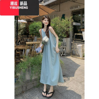 YIBUSHENG法式森系褶皱无袖连衣裙女季慵懒风宽松背心长裙海边度假沙滩裙