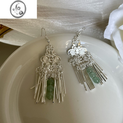 JiMi新中式流苏耳环国风复古苗银无耳洞耳夹长款气质高级度假风耳饰女