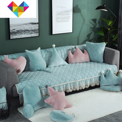 全盖沙发垫防滑坐垫毛绒罩代简约家用客厅全包四季通用靠背巾方格花边-青色90宽+（15花边）*210长御蓝锦