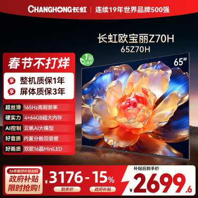 长虹欧宝丽65Z70H 内置分舱回音壁电视 双驱16晶MiniLED 云帆AI影像4K超高清平板液晶电视政府补贴