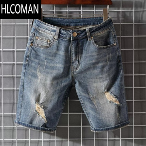 HLCOMAN复古做旧破洞牛仔短裤男潮牌ins宽松直筒弹力五分裤夏季薄款中裤