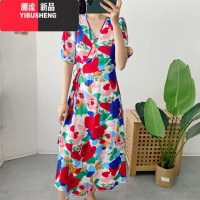 YIBUSHENG棉绸碎花短袖裙波西米亚沙滩裙连衣裙人棉海边渡假裙绵绸裙子女