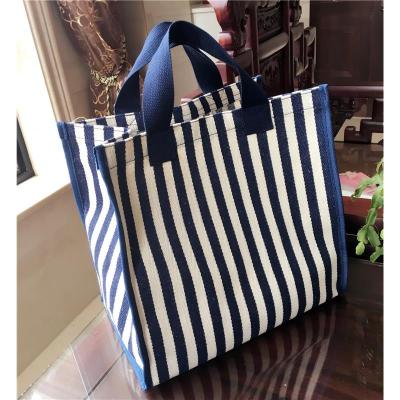 韩版帆布单肩妈咪包手提袋学生大容量蓝条纹购物袋便当包女休闲包