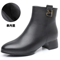真皮妈妈鞋粗跟中跟加绒短靴女防滑复古秋冬季皮鞋女保暖棉鞋