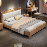 欧梵森 床 北欧橡胶木床双人床1.5米实木床主卧日式家用夜灯储物床软包床现代简约1.8米小户型轻奢卧室组合套装家具床婚床