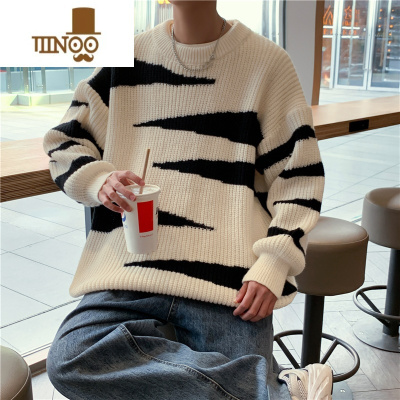 YANXU2023冬季加厚不规则条纹圆领毛衣男女复古宽松针织保暖bf风毛线衣