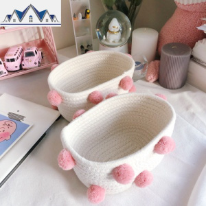 ins棉线编织收纳篮毛球简约拼接布艺收纳筐客厅桌面钥匙整理收纳 三维工匠