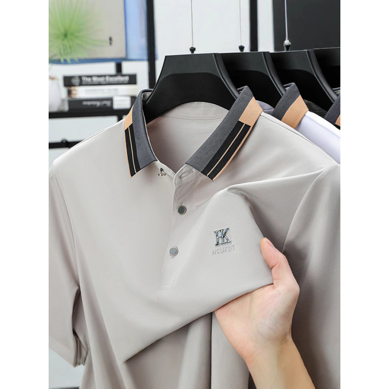 中年男士净版纯色短袖POLO衫夏季休闲透气爸爸装薄款T恤含桑蚕丝