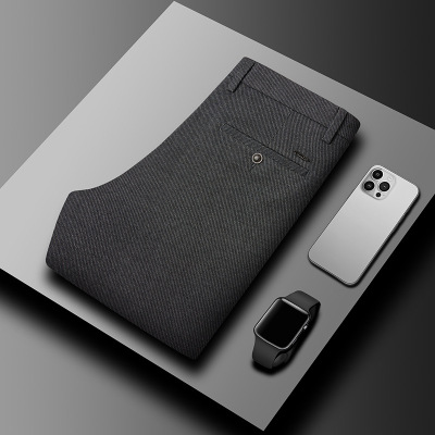 羊毛混纺秋冬新款抗皱弹力休闲裤男士修身直筒中腰长裤子潮流男裤