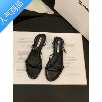 SUNTEK平底法式细带凉鞋仙女鞋子2023年新款夏季软底银色气质沙滩罗马鞋