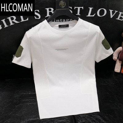HLCOMAN欧洲站夏季新款短袖t恤男士时尚拼接潮流百搭半袖圆领修身上衣服