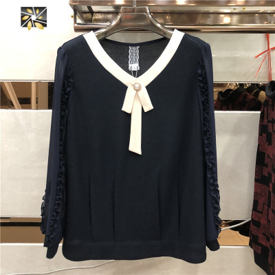 暖青汇中年妈妈蝴蝶结V领小衫2020秋新款时尚显瘦拼接雪纺花边长袖上衣蕾丝衫