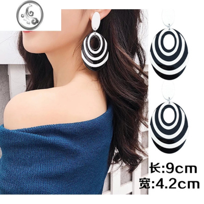 JiMi个性大耳环夸张黑白圆耳针时尚网红耳坠韩国气质女长款耳夹无耳洞