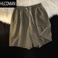 HLCOMAN夏季冰丝沙滩裤男宽松休闲五分睡裤大码居家格子短裤速干大裤衩薄
