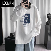 HLCOMAN2025新款长袖T恤男潮流百搭港风宽松印花体恤男生圆领打底衫