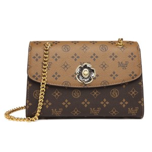 MKJ专柜正品轻奢老花山茶花2023新款单肩链条斜挎包大包牛皮方包女包 咖黄色（印花图案）