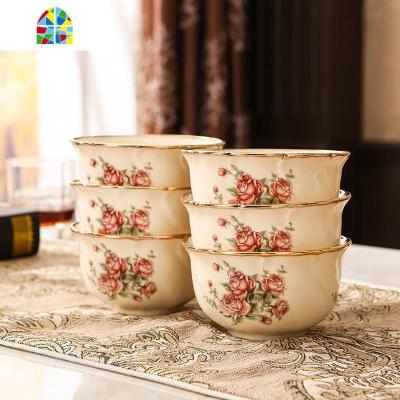 欧式陶瓷碗米饭碗盘金镶边餐具吃饭碗碗筷碗碟套装家用组合 FENGHOU 玫瑰5英寸饭碗(6个装)