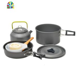 户外2-3人不锈钢野营烧烤套锅 便携式多人野餐野炊锅具茶壶组合 FENGHOU DS-308+餐具-黑色