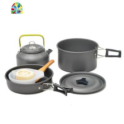 户外2-3人不锈钢野营烧烤套锅 便携式多人野餐野炊锅具茶壶组合 FENGHOU DS-308+餐具-黑色