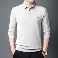 春秋T恤男假两件长袖翻领polo衫韩版宽松商务休闲Polo衫爸爸体恤