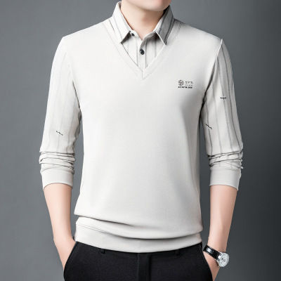 春秋T恤男假两件长袖翻领polo衫韩版宽松商务休闲Polo衫爸爸体恤