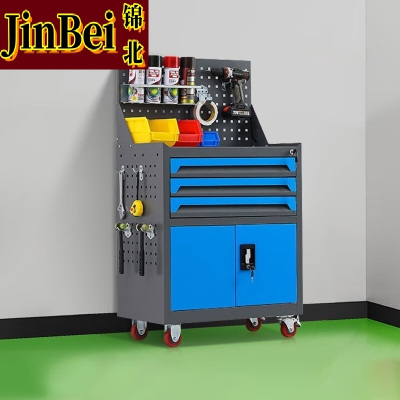 锦北工具车移动维修收纳柜工具架多功能工具箱五金工具柜灰蓝三抽带网