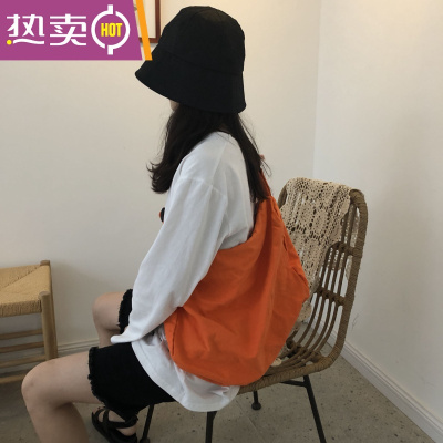 NEWLAKE2020橘色斜挎包纯色百搭大容量街拍橙色帆布包男女单肩包简约包包斜挎包男
