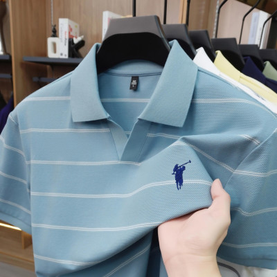 春夏新款男士条纹短袖Polo衫商务休闲简约翻领舒适透气长绒棉