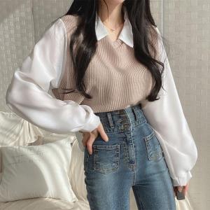 大码胖mm假两件T恤女拼接POLO领长袖卫衣螺纹宽松百搭上衣