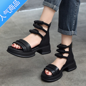 SUNTEK复古厚底高帮凉鞋女2023年夏季罗马松糕软底鱼嘴露趾休闲凉靴