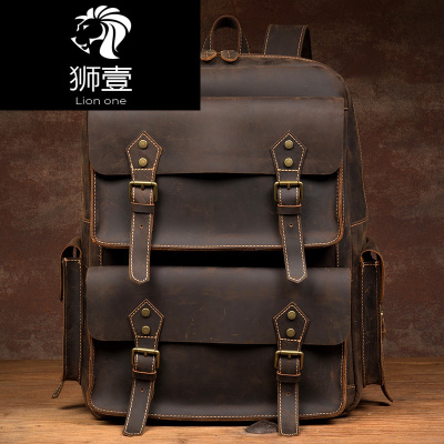 狮壹（Lionone）疯马皮手工双肩包复古真皮旅行背包头层牛皮大容量电脑背包深棕色
