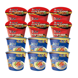 康师傅 经典红烧牛肉面113g/桶+鲜虾鱼板面102g/桶 混合口味12桶 整箱装