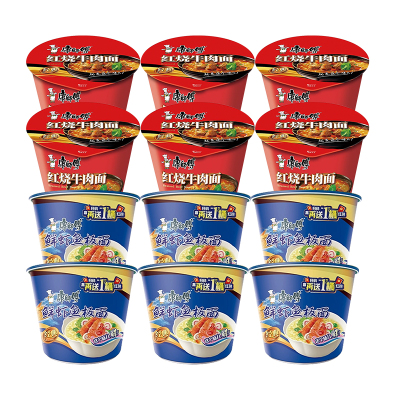 康师傅 经典红烧牛肉面113g/桶+鲜虾鱼板面102g/桶 混合口味12桶 整箱装